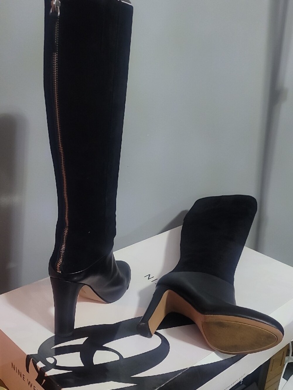 Nine West Black Knee-High Heeled Boots with Side Zip - Picture 3 of 6